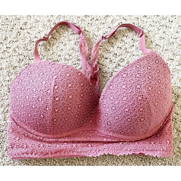 Victorias Secret Long Line Bra Size 32D Rose Pink Padded No Wire Pullover Body - Picture 1 of 8
